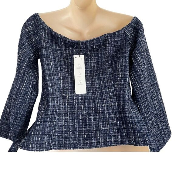 ZARA Navy Tweed Off Shoulder 3/4 Bell Sleeve Cropped Top Blouse Size Small NEW - Picture 2 of 10